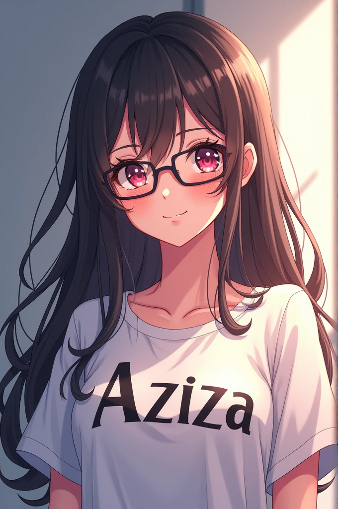 Generate me an image of beautiful girl with long hair and glasses and Aziza written on her shirt can be clearly seen and smiling in anime style