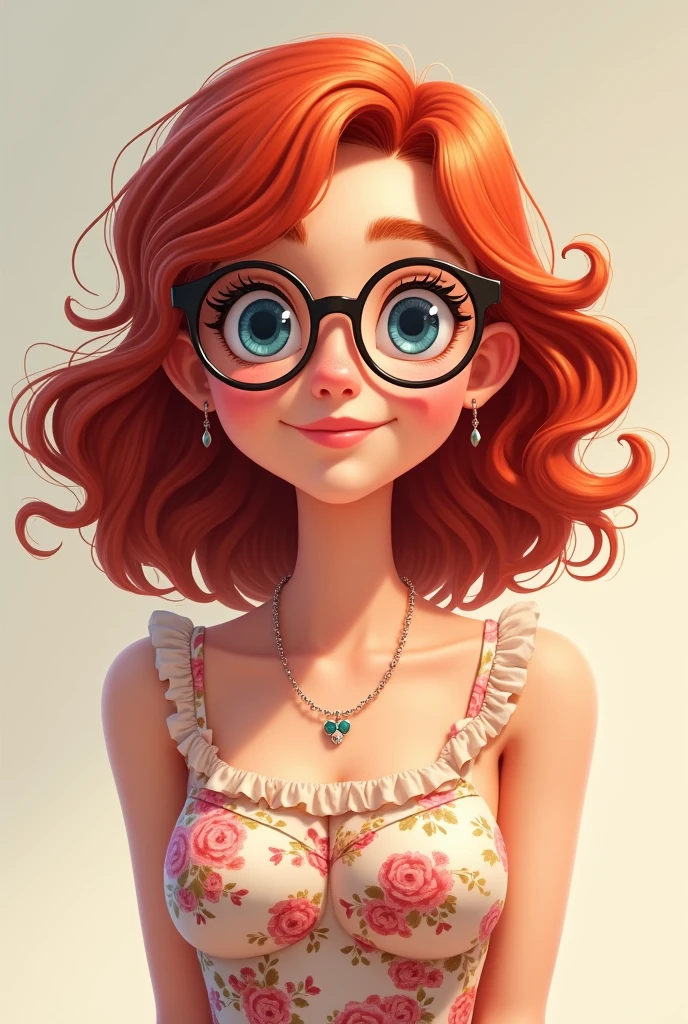 Red curly hair, medium length hair, woman, round bottom glasses, animated, smile, blue eyes, small neck, round face, High Resolution, pretty dress, adult, Closed Mouth smile