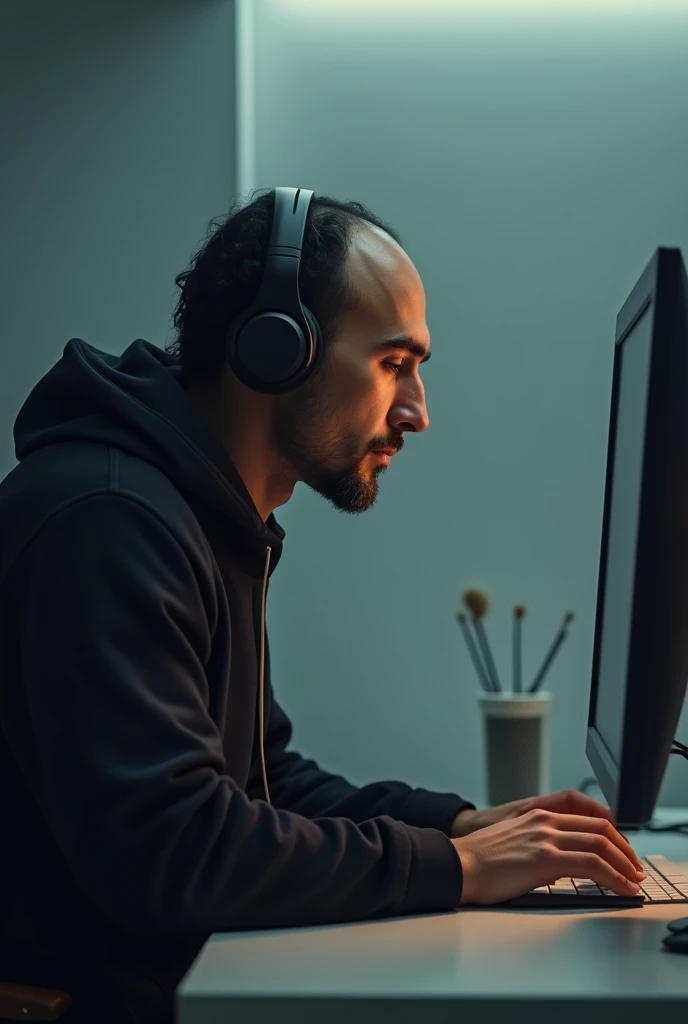 make one on the computer with headphones, big nose, dark hair, bald