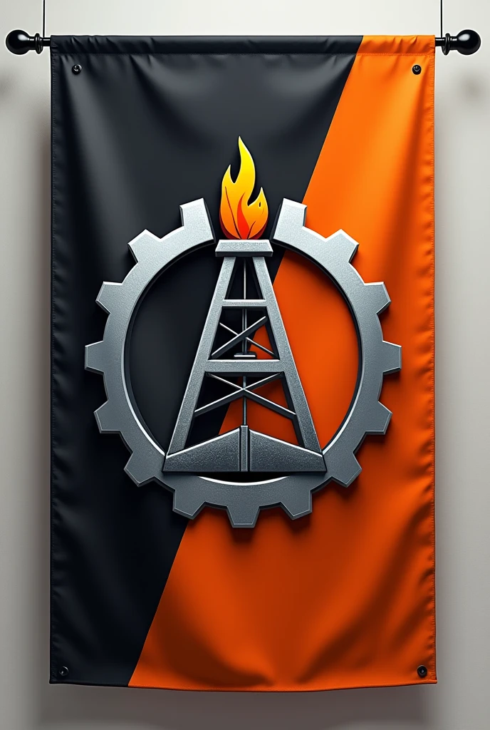 Flag Design Description:
Overall Shape: The flag maintains a 3:2 rectangular ratio, giving it a balanced and professional appearance that is suitable for display in various environments, from corporate settings to large outdoor installations.on a flagpost
Primary Colors: The background of the flag is divided into two halves, split diagonally from the top left to the bottom right:
Top Left: A deep, midnight black, symbolizing the richness of crude oil, the core of the industry, and the depth of the earth where resources are extracted.
Bottom Right: A vibrant, industrial orange, representing energy, innovation, and the fiery process of refining and processing oil and gas.
Borders: The flag is bordered by a thick, metallic silver band, symbolizing the pipelines, machinery, and infrastructure critical to the oil and gas industry. This silver border provides a sleek, modern contrast against the bold colors of the flag.
Central Emblem Placement: The emblem is prominently placed at the center of the flag, ensuring it is the focal point and symbolizing the company’s dominance in the industry.
Emblem Design:
Core Symbol: The emblem features a stylized oil derrick, depicted in sharp, angular lines in metallic silver. The derrick stands tall and imposing, symbolizing the extraction process, engineering prowess, and the company's strength in the industry. The base of the derrick is surrounded by ripples in the black portion of the flag, indicating the impact and reach of the company’s operations.
Flame Detail: At the top of the derrick, a flame is depicted in the vibrant industrial orange, symbolizing the refinement process, energy production, and the company’s commitment to innovation and sustainability. The flame has a subtle gradient, moving from dark orange at the base to a bright yellow at the tip, indicating the energy transition.
Circular Frame: The derrick and flame are enclosed within a circular frame, reminiscent of a pipeline or gear, in metallic silver. The i