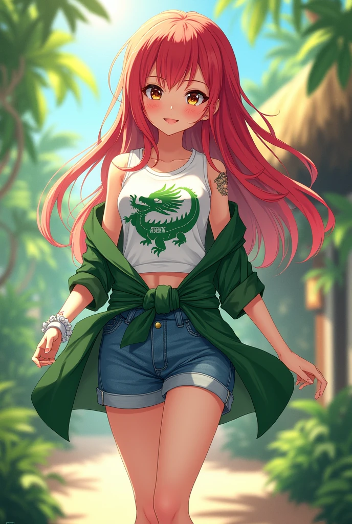high resolution, 4k, ultra quality, tropical background, full body, sushine, anime style
1girl
long red hair
Blonde highlights
Brown eyes
fang tattoo under the eyes
White shirt
green dragon print on shirt
White bracelet
green coat tied at the waist
Denim blue shorts
Green sandals
