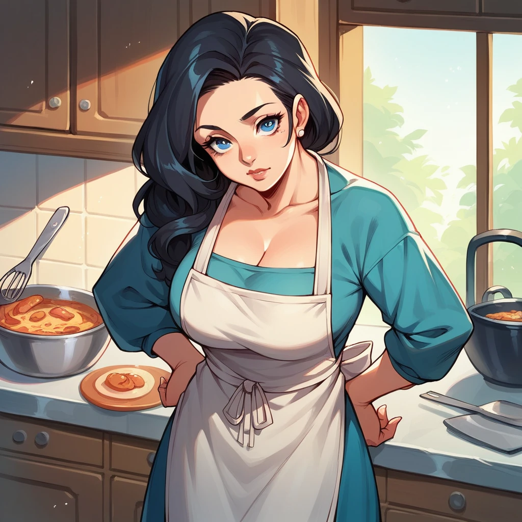 a MILF in her late 40s is in her kitchen. She has a dress and a cooking apron. she smiles softly at you and has long black hair with blue eyes.
