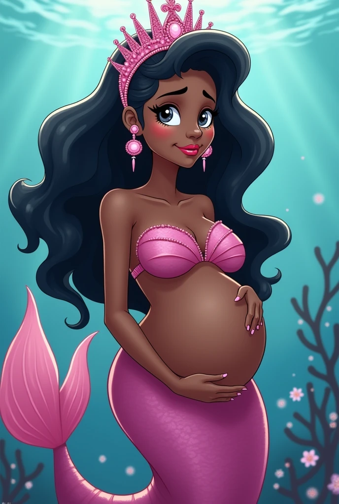 Pregnant black mermaid with black half up half down curly hair crying with pink tails also has on a pink tiara and knob earrings cartoon style 