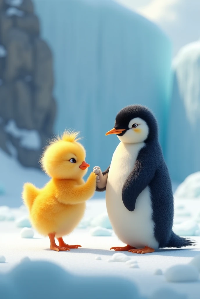 I need a couple photo with a male chick and female penguin holding hands
Increase the height of the chick