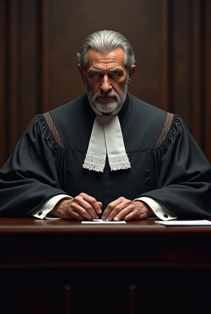 Generate me a judge man with serious tone with black background