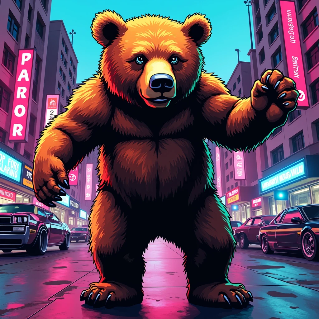 Brown Bear, GTA style artwork。Satire、exaggerate、Pop Art Style、Vibrant colors、Iconic characters、Dynamic, (best quality, masterpiece, photorealistic), very aesthetic, perfect composition, intricate details, ultra-detailed, vivid colors