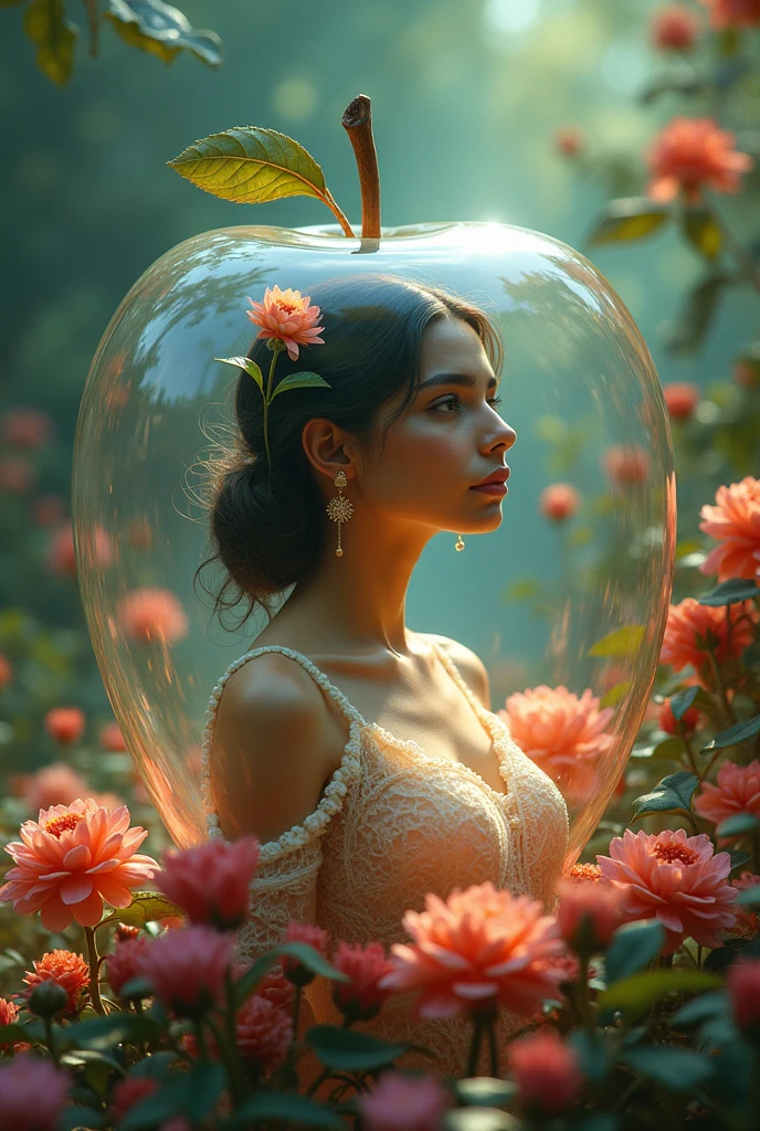 Write Bavigna reddy in glass apple with background of lot of flowers