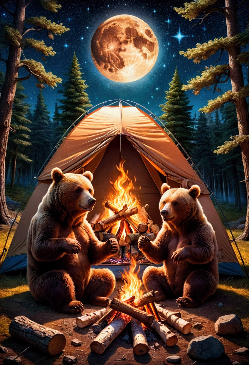 Brown Bear, 2 cute brown bears around a 🔥 cozy campfire roasting marshmallows, full moon and stars in sky, forest background with tent at campsite. 8k resolution trending on Artstation, vivid and deep colors, intricate detailed fantasy illustration, HDR, beautifully shot, sharp focus, megapixels, perfect composition, high contrast 3D, masterpiece, best quality, very aesthetic, absurdres