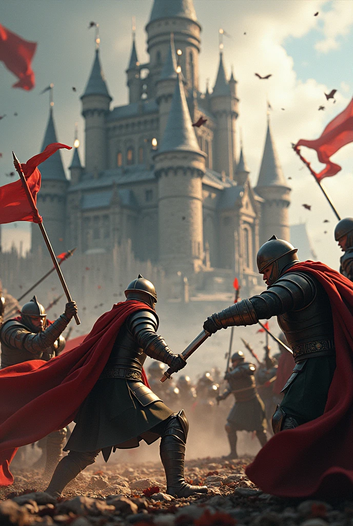 Create a Photo with the theme of battles and legends with a castle in the background