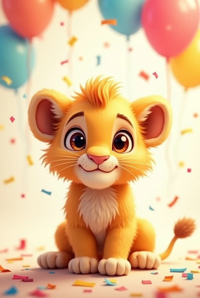 (best qualityer, work of art), 1 cute baby lion, light background, , animation, fluffly, birthday balloons in the background, confeti, art in dimension 1:1