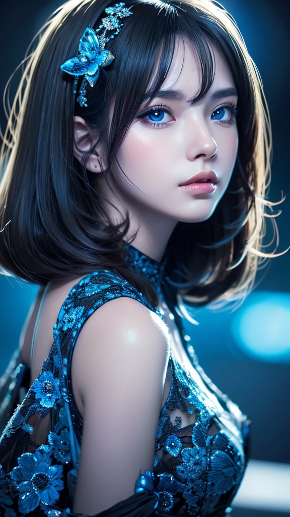 Close-up of woman in black and blue dress, Highly detailed digital art in 4K, 4K Detailed Digital Art, リアルなDigital Art 4K, リアルなDigital Art 4K, Amazing digital illustrations, Beautiful SF Girl Portrait, SF Women&#39;s Portraits, Digital Art 4K, Portrait of a cyberpunk girl, Beautiful cyberpunk girl face, Epic portrait illustration  