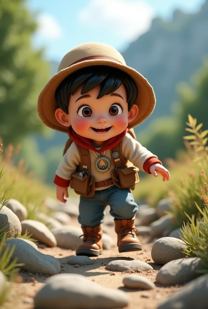 Create an extra realistic image of a 2. boy named Tiago with big, adventurous eyes and long lashes, smiling with excitement. He has full cheeks and is dressed in a tiny explorer outfit with a toy compass. The photo captures him climbing over small rocks in a natural park, his face lit with enthusiasm under a clear sky. The image is taken with a wide-angle lens (24mm f/1.4) to capture the entire scene while slightly blurring the background to focus on his adventurous spirit. A slight zoom is applied to emphasize his energetic exploration in the expansive, outdoor setting. Ensure that his hands are visible with exactly five fingers. Negative prompt: No additional fingers, lowres, text, error, worst quality, low quality, ugly, duplicate, morbid, mutilated, extra fingers, mutated hands, poorly drawn hands, poorly drawn face, mutation, deformed, dehydrated, bad anatomy, bad proportions, extra limbs, cloned face, disfigur, out of frame, cropped, jpeg artifacts, out of frame, blurry
