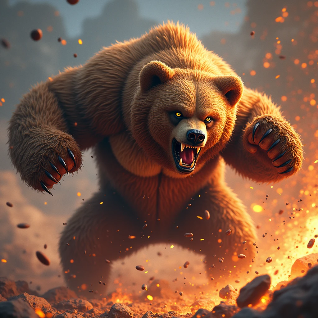 Brown Bear, Fighting game style。dynamic、Energetic、Action-packed、Detailed character design，Reminiscent of fighting video games, (best quality, masterpiece, photorealistic), very aesthetic, perfect composition, intricate details, ultra-detailed, vivid colors