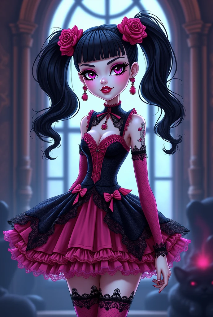 Create a redesign image for Draculaura [Monster High] using gothic and lolita style [Cartoon Style]