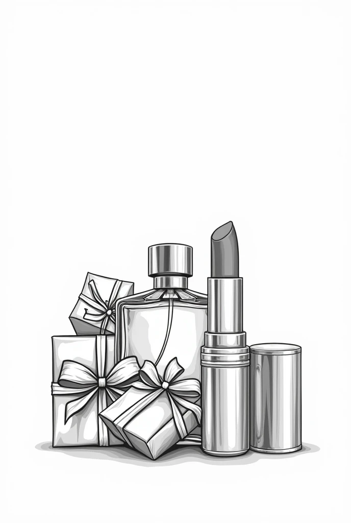 create a black and white vector illustration WITHOUT BACKGROUND of a lipstick joining, perfume and gifts