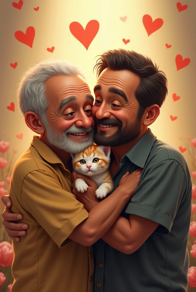 Make a picture of a kitten being hugged by two men. It looks like this. Face Shape: Oval with strong features and a generally serious expression.body hair: Short and dark brown, well trimmed, with a slightly messy appearance.eyeballs: Brown with a direct expression.nase: Straight and medium-sized.gura: Medium format, that may occasionally curve into a smile.styled de Roupa: Often wears formal attire, like shirts and blazers, but it is also seen in casual clothes, like polo shirts and jackets e o outro tem essa aperencia  Rosto: Your face is round, with marked features and a generally friendly expression.body hair: he has gray hair, which are usually cut very short or shaved.eyeballs: Their eyes are brown and have a generally soft and welcoming look..nase: The nose is medium in size and slightly wide..gura: The mouth is medium shaped, with a frequent smile, that reveals a trace of sympathy and charisma.styled: Lula usually wears simple and comfortable clothes, like polo shirts and jackets, often accompanied by a cap or hat. At formal events, he wears more formal attire, like suits and ties  ,and it has to be written in the image, there are two old men, the president of Brazil, Lula, and the former president of Brazil, Jair Bolsonaro. Love, sorry for shaking my ass for your father, it&#39;s involuntary. He&#39;s square and I love geometric shapes.!!!"...and there must be several hearts in the image and in the background there must be Jesus blessing them and write this on the image in English love sorry for shaking my hips for your father it&#39;s involuntary he&#39;s square and I love geometric shapes!!