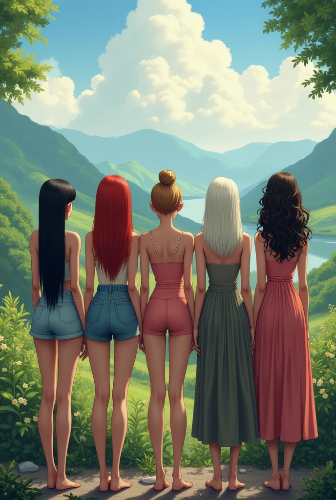 5 women with their backs turned, one thin with long, waist-length, black straight hair next to her, another thin woman with a bun of red hair next to her, a short fat lady with pixie cut white hair next to her a thin woman with waist-length light brown half-curled hair next to her ,another fat woman with long curly hair all with her back turned in a beautiful landscape all with her back turned