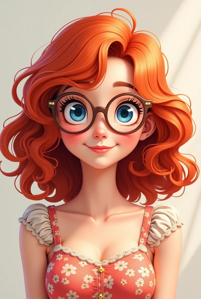 Red curly hair, medium length hair, woman, round bottom glasses, animated, smile, blue eyes, small neck, round face, High Resolution, pretty dress, adult, Closed Mouth smile