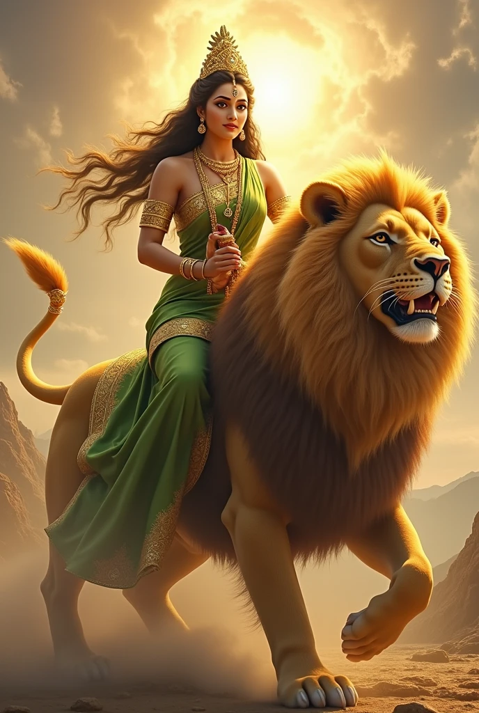 **Prompt:** "Create an ultra-realistic image of Goddess Skandamata, depicted in her nurturing and powerful form, riding an enormous, majestic lion. She should be dressed in a vibrant green saree, symbolizing growth, fertility, and divine energy. The saree should be richly embroidered with gold patterns, reflecting her regal status. Her skin should have a radiant, golden glow, symbolizing her divine nature, and her face should be serene and motherly, with large, compassionate eyes and a gentle smile that exudes both grace and strength.
In her arms, she should be holding her son, Lord Kartikeya (also known as Skanda), with tender care. Baby Kartikeya should be depicted as a beautiful child with a divine aura, seated comfortably in his mother's arms, perhaps holding a small weapon like a spear, symbolizing his future role as a warrior god.
The lion she rides should be depicted as extremely large and powerful, with a thick mane and a fierce yet loyal expression, symbolizing courage and protection. The lion’s size and majesty should enhance the divine presence of the goddess.
The background should feature a celestial landscape, with soft, golden light and subtle elements like swirling clouds or a glowing sky, creating an atmosphere that reflects both the nurturing and powerful aspects of Goddess Skandamata. The overall image should capture the essence of her maternal grace, divine authority, and protective strength, presented in a highly realistic and detailed manner."