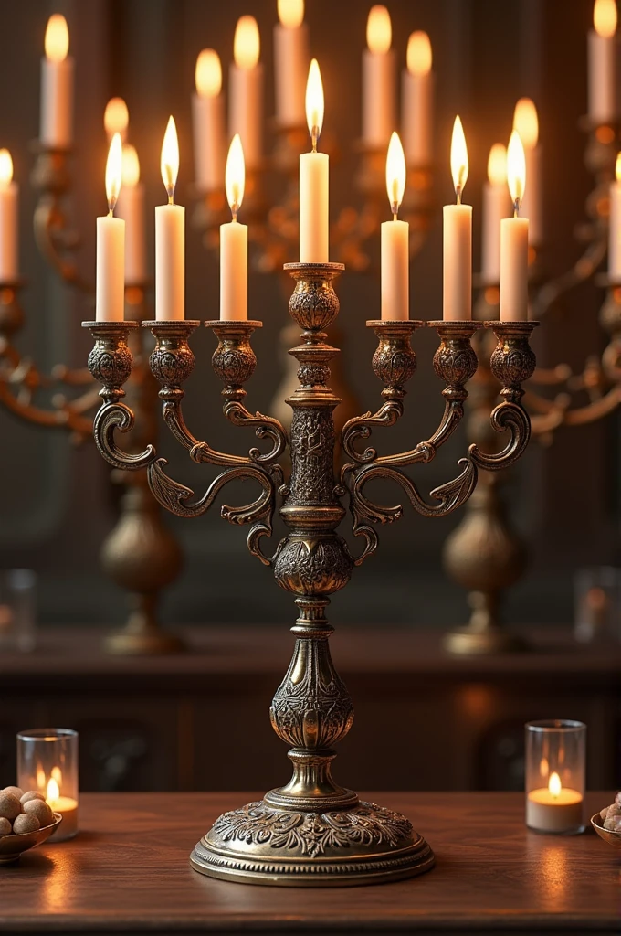 Create a Jewish tabernacle candelabra image with lots of candlesticks in the background