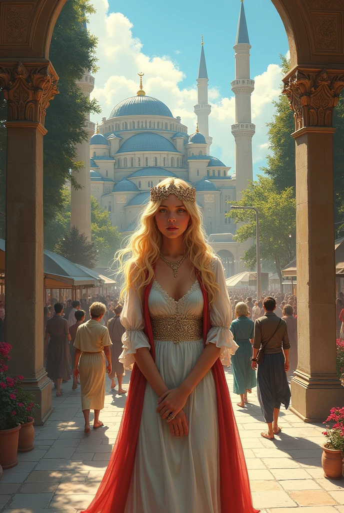 Create for me the cover of my book A Princess in Turkey the character is a blonde woman and you could put a contrast between Turkey and the world she came from which is the Kingdom of Sardonicus, make a realistic image