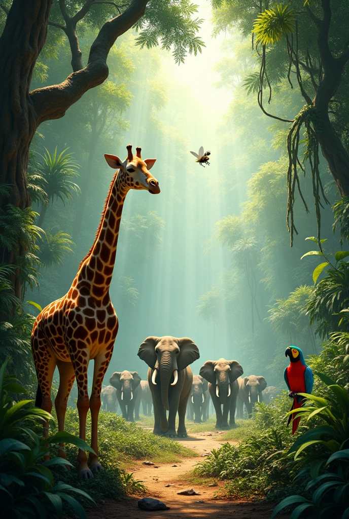 Verse 1: In the jungle, what do we see?
A tall giraffe and a buzzing bee!
Elephants marching, trunks held high,
And colorful parrots flying by.
