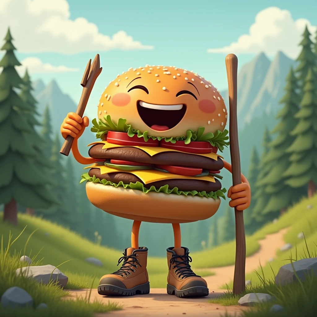A hamburger with arms and legs wearing hiking boots and a wooden stick.