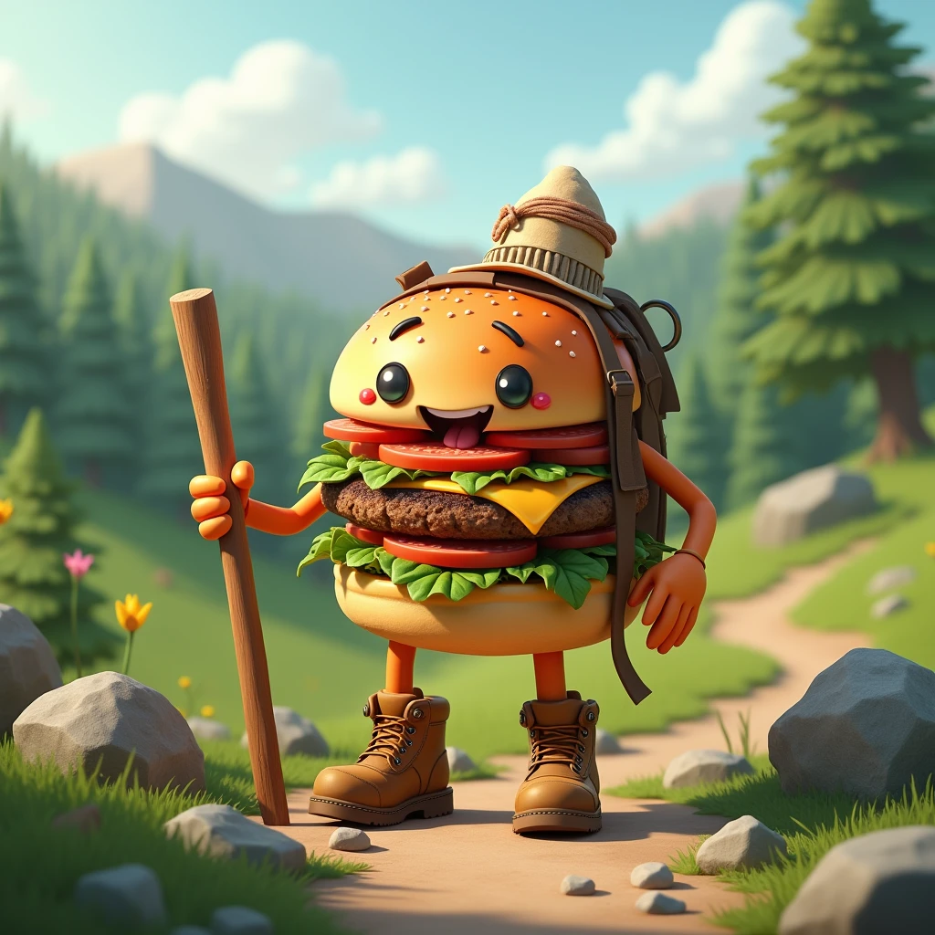 A hamburger with arms and legs wearing hiking boots and a wooden stick.