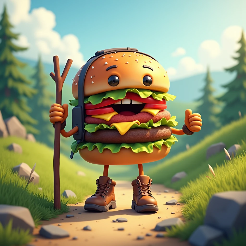 A hamburger with arms and legs wearing hiking boots and a wooden stick. 