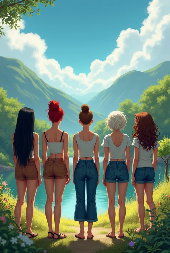 5 women with their backs turned, one thin with long, waist-length, black straight hair next to her, another thin woman with a bun of red hair next to her, a short fat lady with pixie cut white hair next to her a thin woman with waist-length light brown half-curled hair next to her ,another fat woman with long curly hair all with her back turned in a beautiful landscape all with her back turned