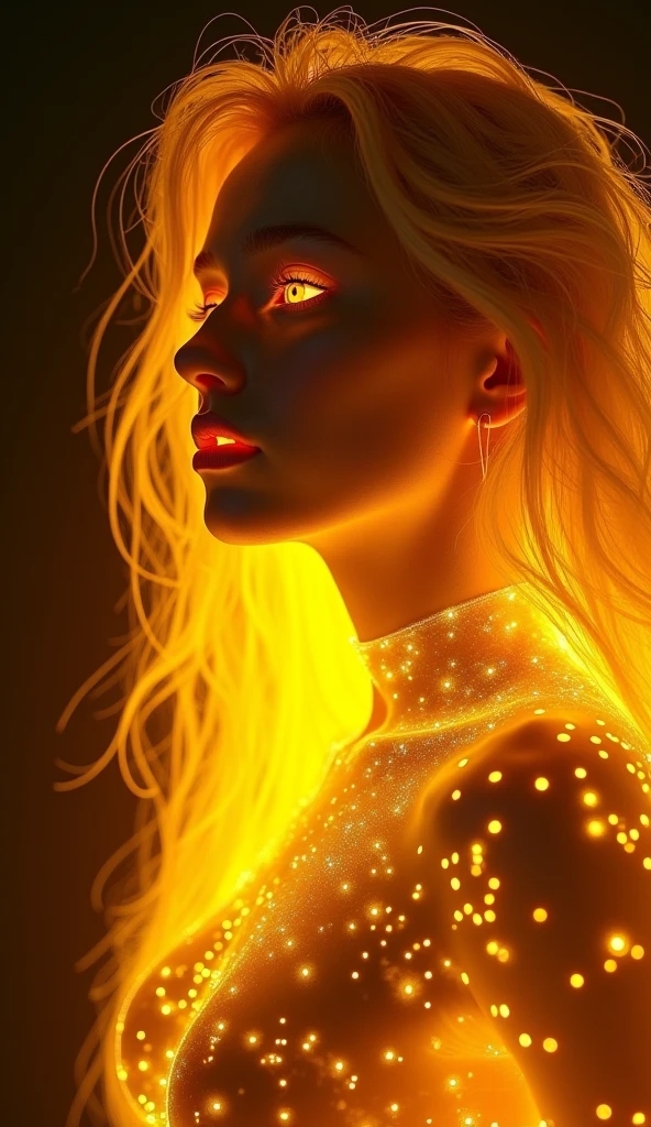 Nude, extreme close up, glowing woman in gold, golden hair, ethereal light, dark background, intense light, surreal atmosphere, digital art, dramatic lighting, detailed textures, ultra-high resolution