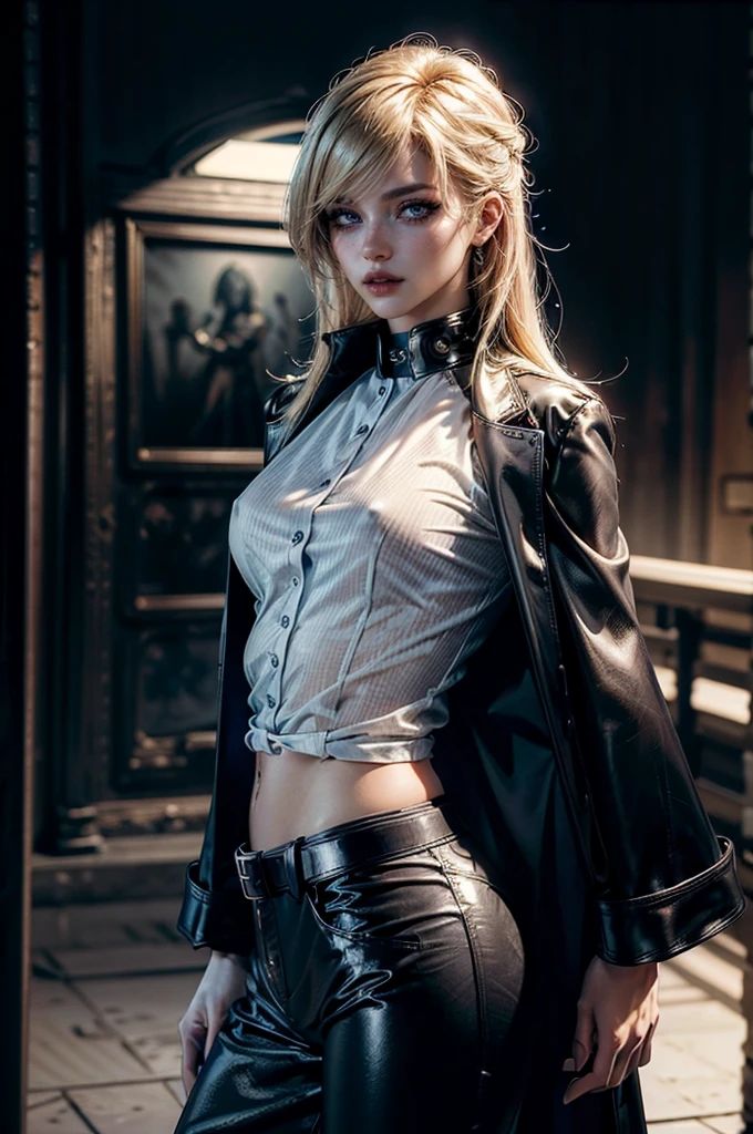 cowboy shot,a pretty 2 girl,blond hair,blue eyes,lora_Emma,slim athletic body,tight and stretched white blouse with buttons,button gap,short sleeves,ultra low rise black shiny latex pants,(double metal belt),empty studiobackground,((black coat on shoulders)),(best quality,4k,8k,highres,masterpiece:1.2),ultra-detailed,(realistic,photorealistic,photo-realistic:1.37),dramatic lighting,cinematic,fashion photography,studio lighting,high contrast,vivid colors,beautiful detailed eyes,beautiful detailed lips,extremely detailed eyes and face,long eyelashes, touching hair