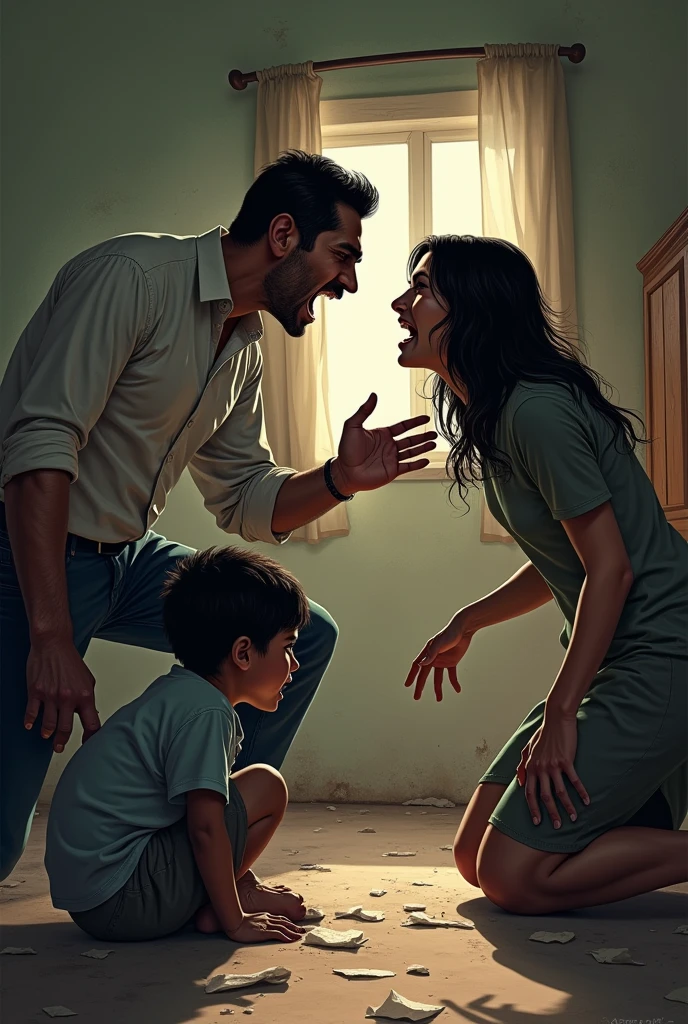 A Latino man yells at a scared woman in her low-income home and a  is crying watching it