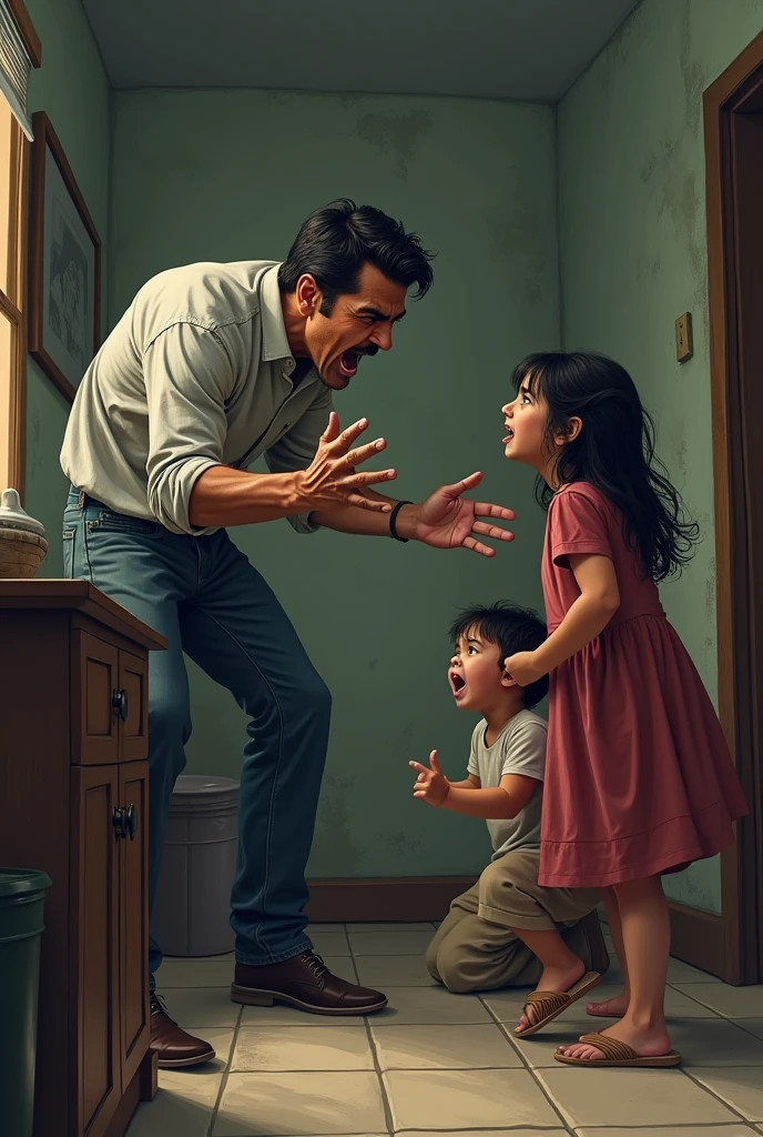 A Latino man yells at a scared woman in her low-income home and a  is crying watching it
