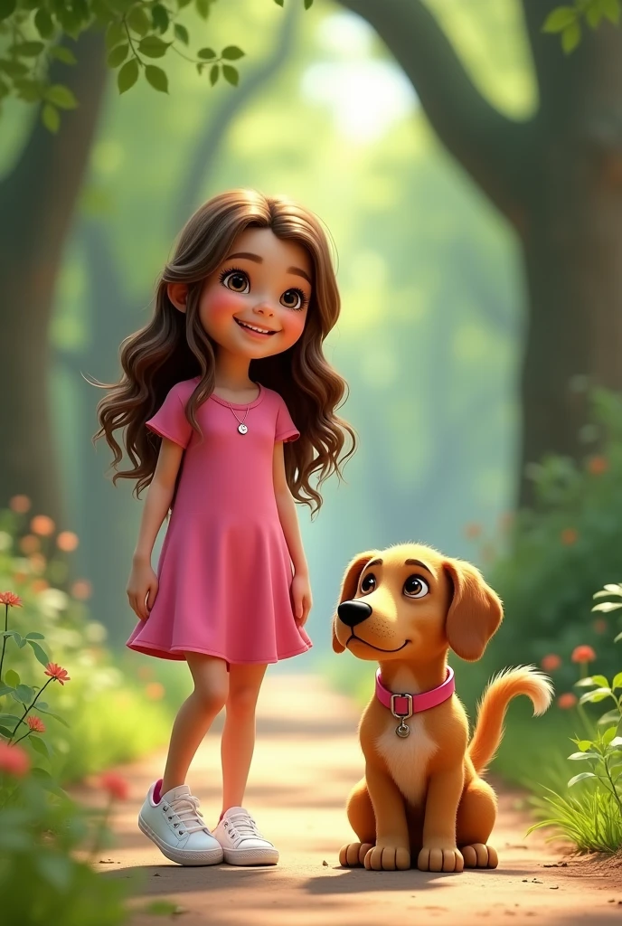 create a disney pixar style, Wavy brown hair, skin fair, pink dress and white all star sneakers, in a park, with a little dog, caramel hair with black, pink collar, realistic styling