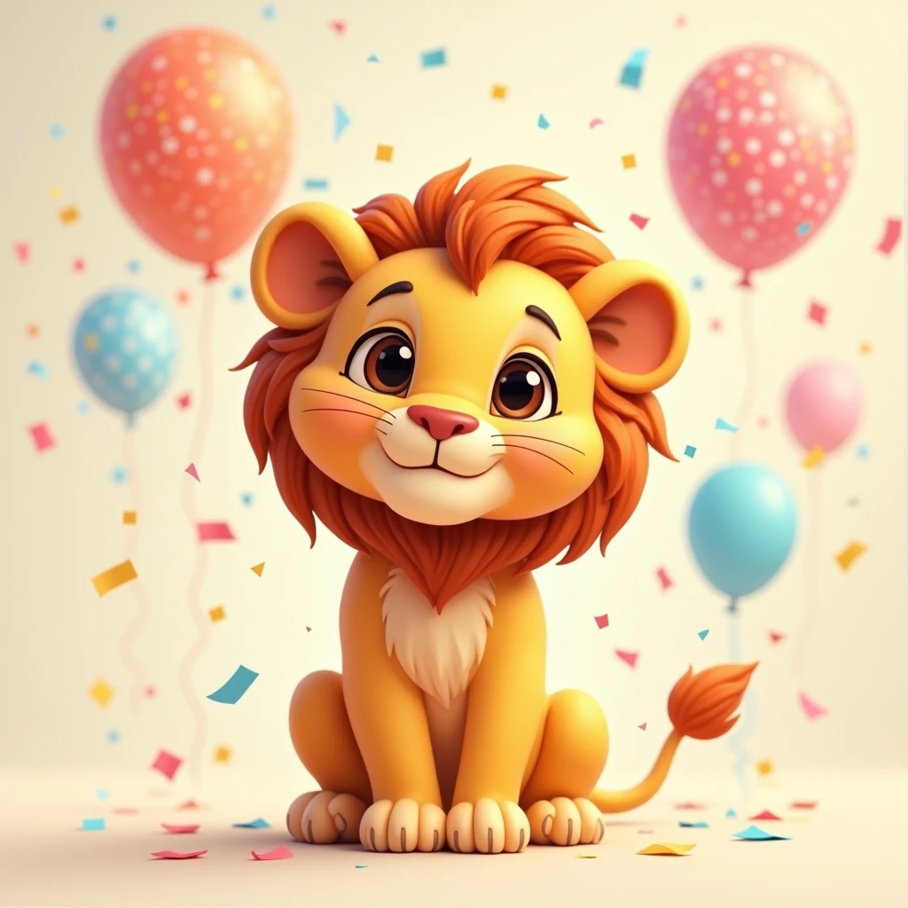 (best qualityer, work of art), 1 cute cartoon baby lion, light background, , animation, fluffly, birthday balloons in the background, confeti, art in the square dimension