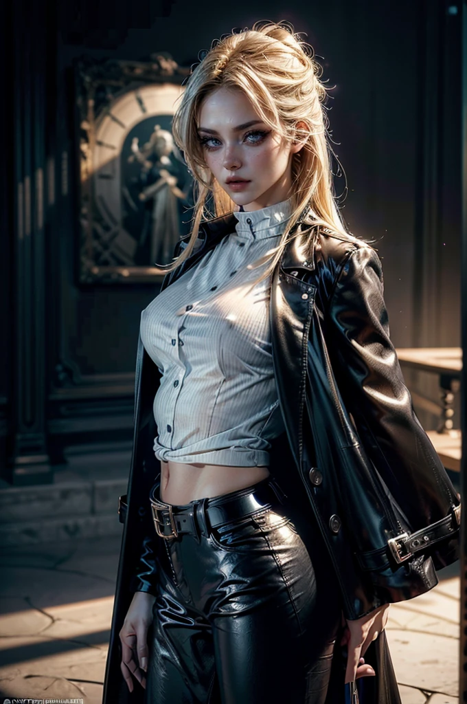 cowboy shot,a pretty 2 girl,blond hair,blue eyes,lora_Emma,slim athletic body,tight and stretched white blouse with buttons,button gap,short sleeves,ultra low rise black shiny latex pants,(double metal belt),empty studiobackground,((black coat on shoulders)),(best quality,4k,8k,highres,masterpiece:1.2),ultra-detailed,(realistic,photorealistic,photo-realistic:1.37),dramatic lighting,cinematic,fashion photography,studio lighting,high contrast,vivid colors,beautiful detailed eyes,beautiful detailed lips,extremely detailed eyes and face,long eyelashes, touching hair