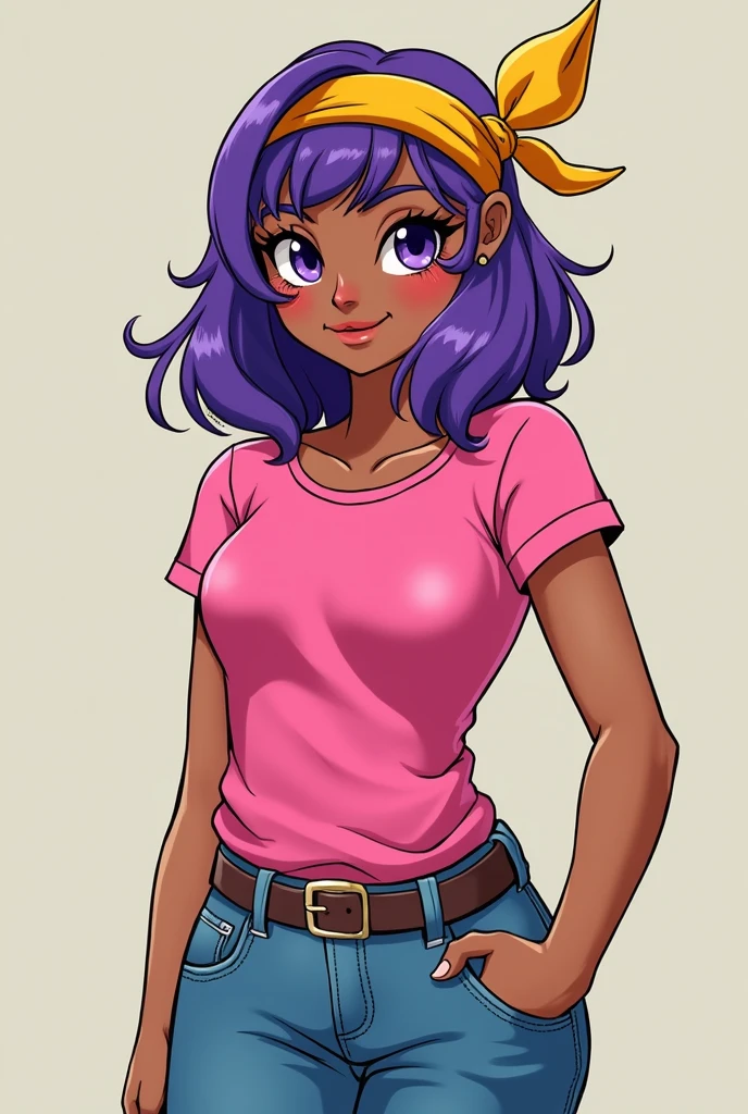 A BRUNETTE adult with completely PURPLE hair, a yellow bandana, a pink t-shirt and jeans
