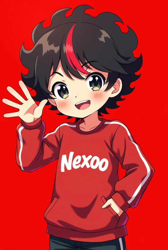 Create pictures of a boy who has curly hair and a red stripe in the front and the design should be like an anime message with a bright red background. He also has a red sweater on that says Nexoo and a red stripe in the front of his curls and he should smile at the camera and wave.