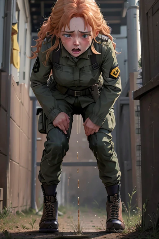 8k high resolution, best quality, dutch soldier girl, 2,  curly strawberry blonde hair, decent makeup, dutch infantry uniform and Gear, dutch infantry field uniform and helmet, cowardly female recruit, standing at the battlefield, scared, shocked, eyes wide open, crying in fear, tears running down her cheeks, smeared makeup, explosion in the backround, terrified, peeing her uniform pants, pee pants accident, visible wet pants, peeing herself, cowardly, totally scared, horrified, visibly wet tight uniform pants, peestained pants, visibly wet fabric of her pants