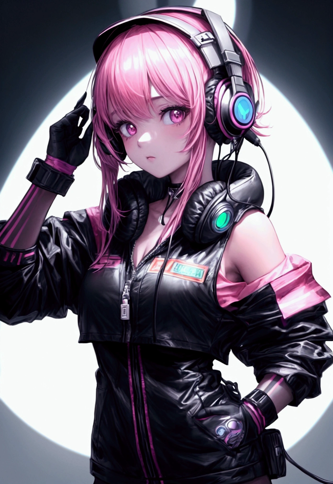 (((Random posture:1.2))), (masterpiece,Best Quality,ultra detailed,ultra high resolution,antecedintes detallados),((girl ciberpunk)),((flin color)),((showy)),(1 girl),pilot,pilot helmet,pilot jacket,looking_in_viewer, (headphones:1.2),Alone,Upper part of the body,colored background,high contrast,contrasting colors, big_mama, turtle neck, off the shoulder, Neon lights, pet a maltese cat 