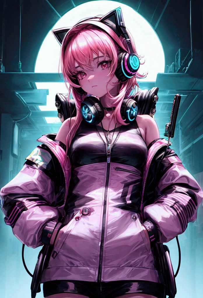 (((Random posture:1.2))), (masterpiece,Best Quality,ultra detailed,ultra high resolution,antecedintes detallados),((girl ciberpunk)),((flin color)),((showy)),(1 girl),pilot,pilot helmet,pilot jacket,looking_in_viewer, (headphones:1.2),Alone,Upper part of the body,colored background,high contrast,contrasting colors, big_mama, turtle neck, off the shoulder, Neon lights, pet a maltese cat