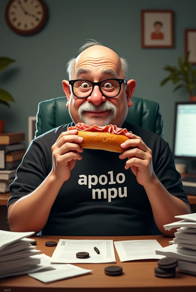 white male, aged 50, baldie, wrinkled face, cheeky, Scrawny, but very pot-bellied, wearing glasses and eating baguette with lots of ham. Sitting behind a rather messy desk with a computer, stacks of papers, Oreo crumbs and cookies. Wearing a black shirt with the following phrase: APO1O MPU. sem beard, no beard. SMOOTH FACE