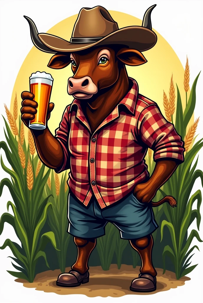 Logo of a bull with a cowboy hat and a checkered shirt with a beer in his hand. And references to a corn crop 