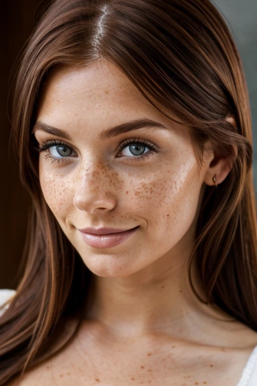 European woman, dark auburn hair, dimples, freckles