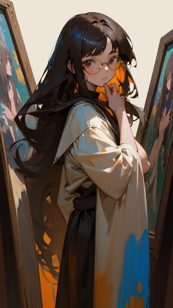 a young anime girl, 20 years old, with straight long black hair and short straight bangs, messy haircut, working on an oil painting in an artist's workshop, simple background, half-body, black eyes, wearing a paint-stained work smock, palette of oil paints in front of her, wearing rectangular glasses, painting, black eyes, brown eyes 