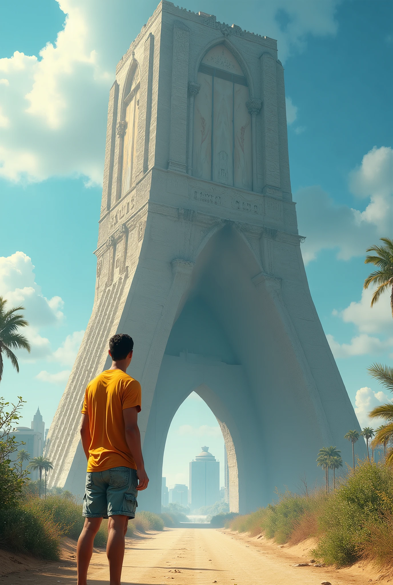Man wearing summer shirt and summer shorts looking at a very realistic giant Tangier