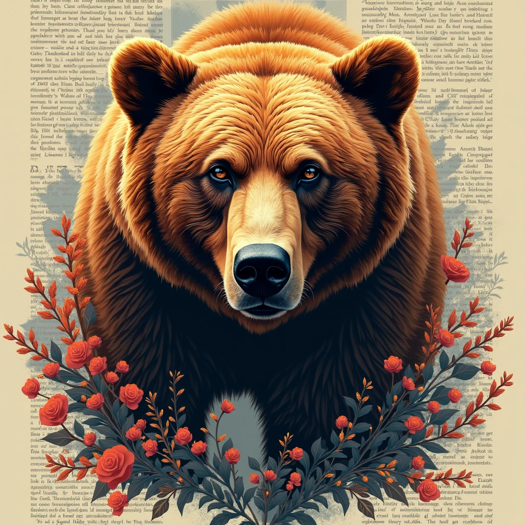Brown Bear, Printing Art。Stylization、complex、detailed、Artistic、Text-based, (best quality, masterpiece, photorealistic), very aesthetic, perfect composition, intricate details, ultra-detailed, vivid colors