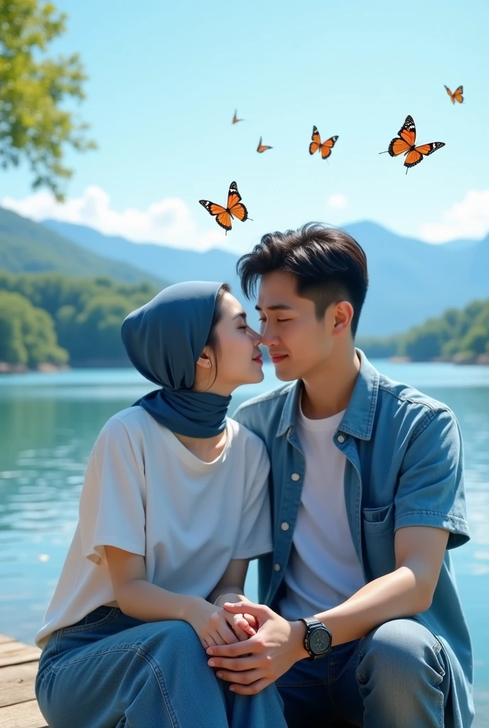 Exhilarating view on the shore of the lake under the clear blue sky. A beautiful Korean girl, white skin, well-groomed face, in a blue shirt, elegant white t-shirt, jeans, and a handsome Korean man in a blue shirt and jeans are sitting together intimately. A sparkling lake, lush trees and distant mountains form the backdrop. The woman is wearing a blue hijab, and the man is wearing a cool black watch, and colorful butterflies are flying around him, adding a unique touch. The essence of happiness, fun and joy is captured in this image.