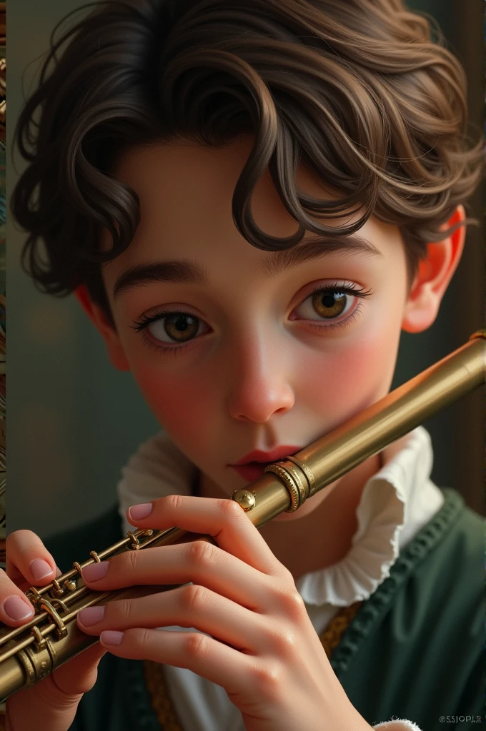 A close-up view of young Frederick's face as he concentrates on playing a flute. His delicate features are framed by soft lighting, reflecting his innocence and intelligence. The background hints at a royal study room with warm tones and intricate details.